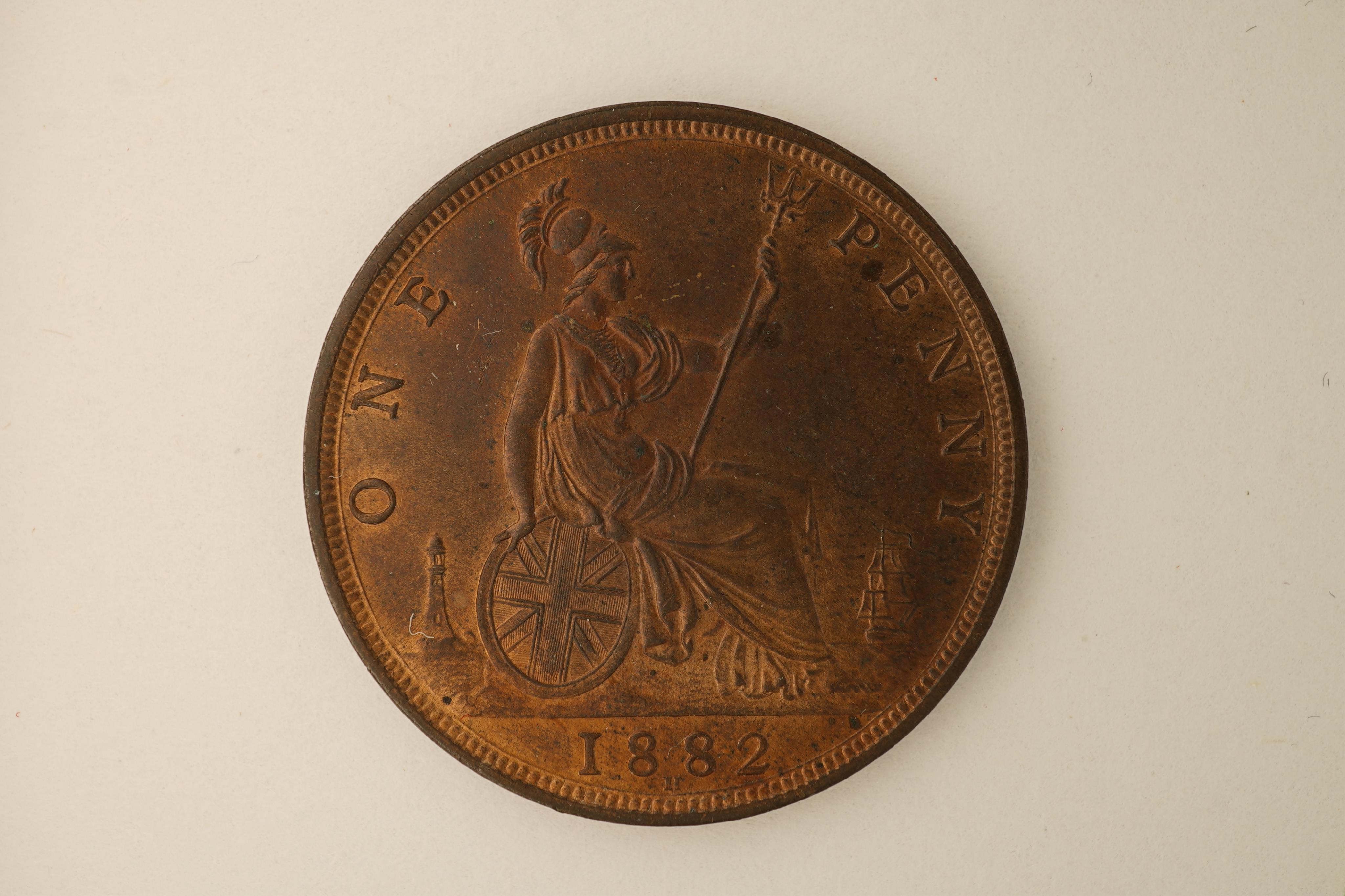 British coins, Victoria, four bronze pennies;, 1881, Fr. 102, Gouby dies M/k, light surface pitting to obv. otherwise near EF, dark toned, patches of lustre, 1882, H below date, Heaton mint, Fr. 115, Gouby dies R/r, cris